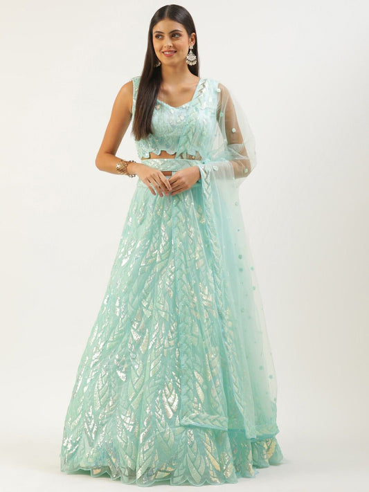 Embroidered Sequinned Semi-Stitched Lehenga and Unstitched Blouse With Dupatta - Blue