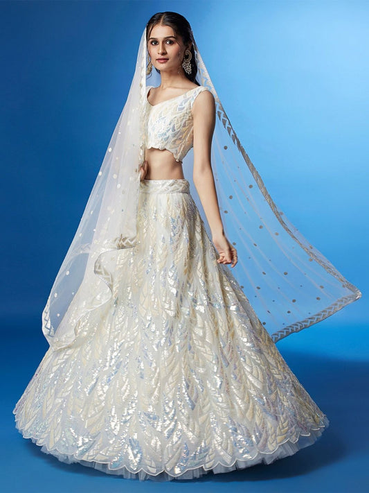 Embroidered Sequinned Semi-Stitched Lehenga and Unstitched Blouse With Dupatta - White