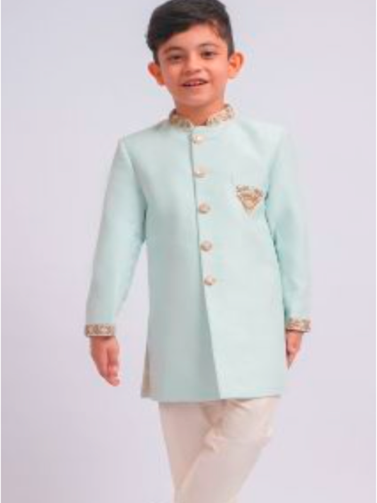 Boy's' Aqua Blue Silk Sblend Solid Sherwani Set