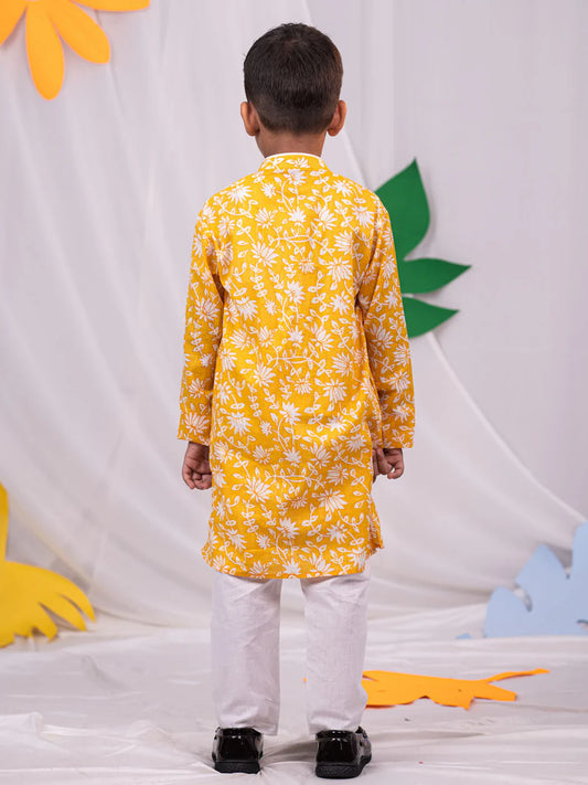 Yellow Cotton Indated Traditions Boys Kurta Set