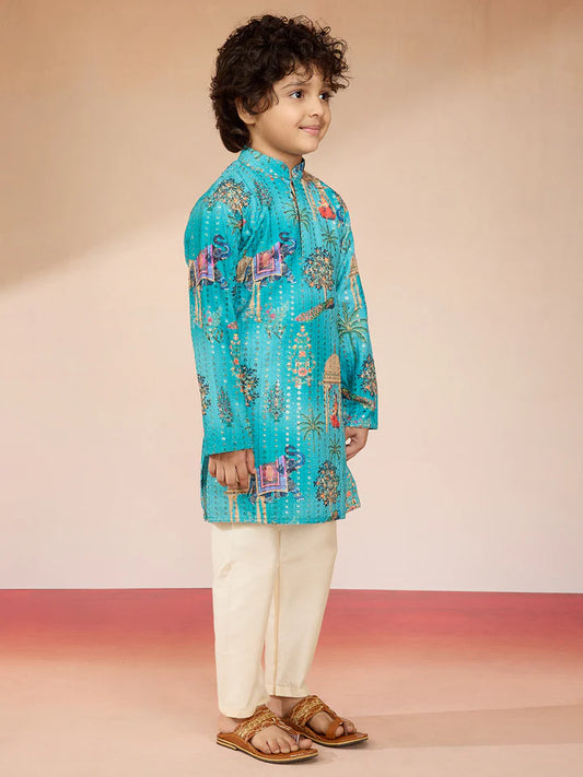 Blue Polyester Lurex Blend Navratri Boys Kurta Set