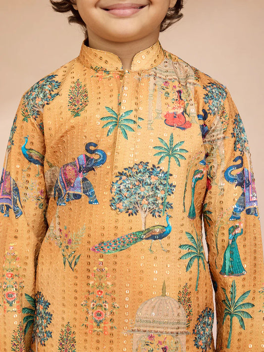 Yellow Polyester Lurex Blend Navratri Boys Kurta Set