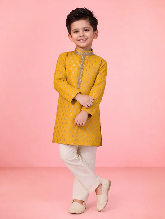 Yellow Silk Blend Diwali Boys Kurta Set