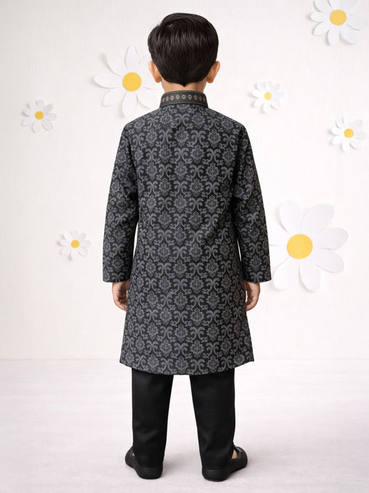 Boys Black Silk Blend Printed Kurta Pyjama Set