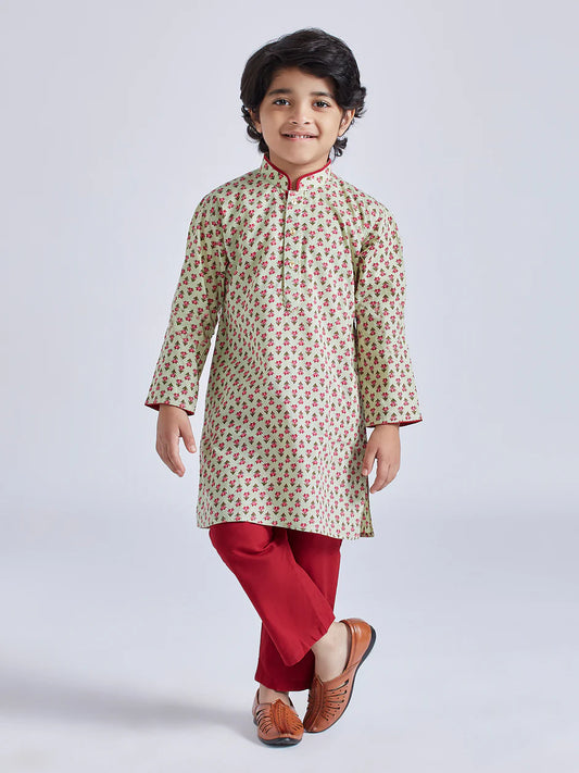 Mint Green Cotton Indated Traditions Boys Kurta Set