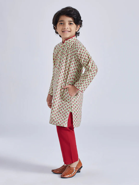 Mint Green Cotton Indated Traditions Boys Kurta Set