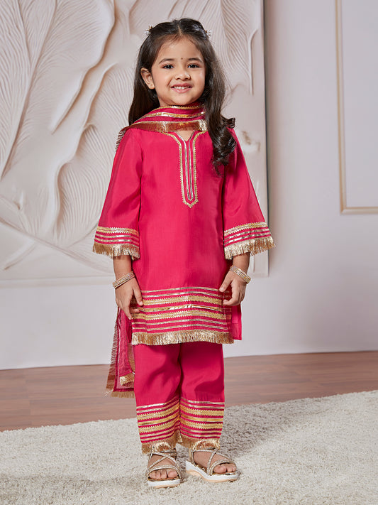 Pink Silk Blend Wedding Wear Girls Kurta Set