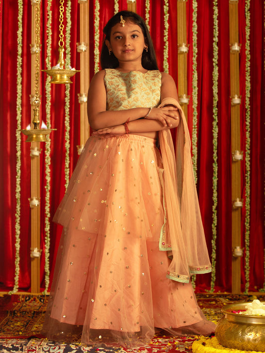 Girls' Mint Green Zari Embroidery Worked Crop Top And Net Lehenga Set