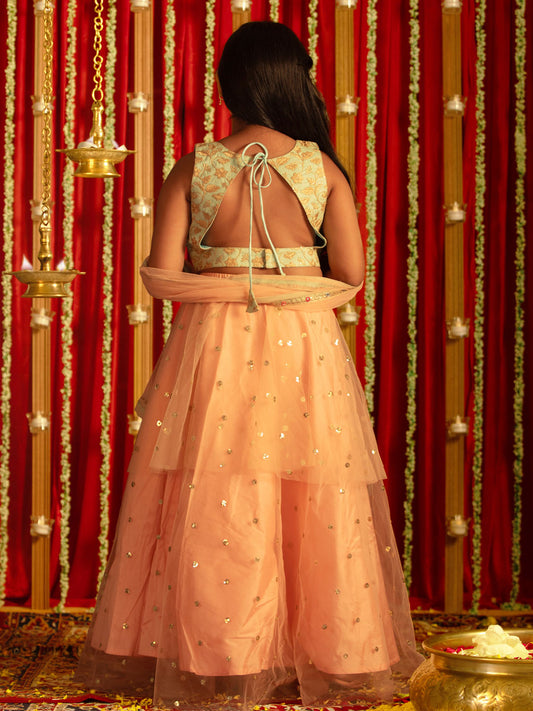 Girls' Mint Green Zari Embroidery Worked Crop Top And Net Lehenga Set