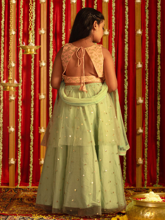 Girls' Pink Zari Embroidery Worked Crop Top And Net Lehenga Set