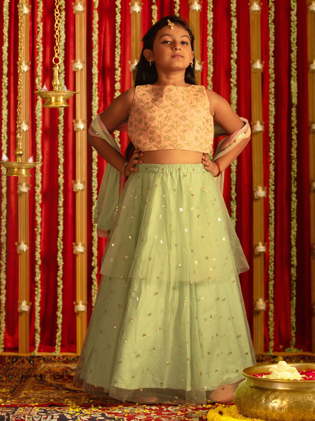 Girls' Pink Zari Embroidery Worked Crop Top And Net Lehenga Set