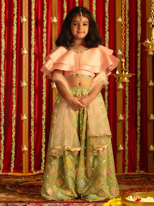 Girl's' Green And Pink Georgette Lehenga Set