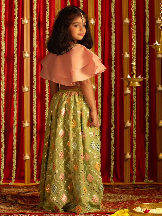 Girl's' Green And Pink Georgette Lehenga Set