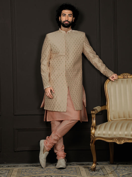 Peach Silk Blend Wedding Men's Indo Western
