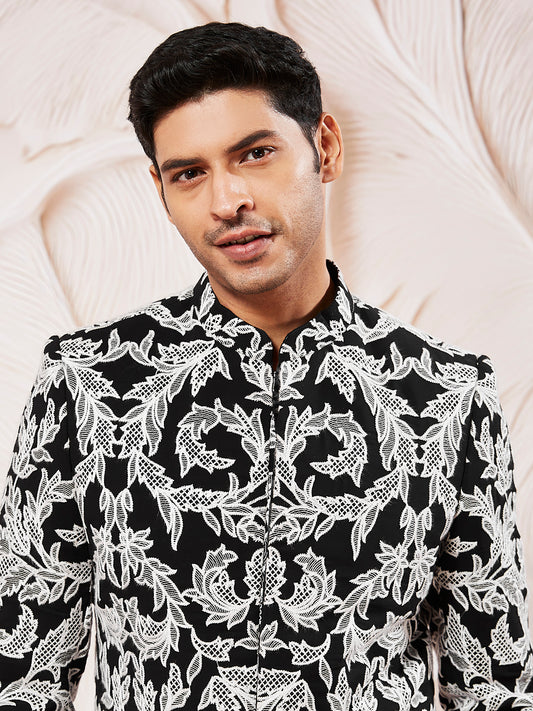 Black Silk Blend Wedding Wear Men's Indo Western Set
