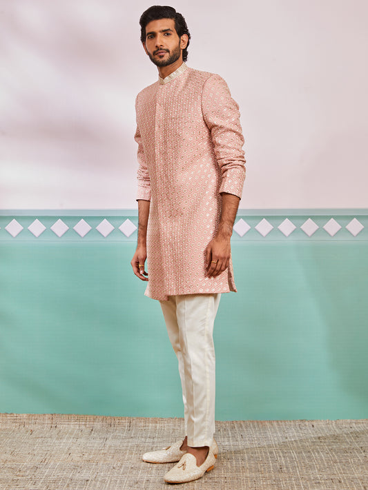 Peach Silk Blend Wedding Men's Indo Western Set