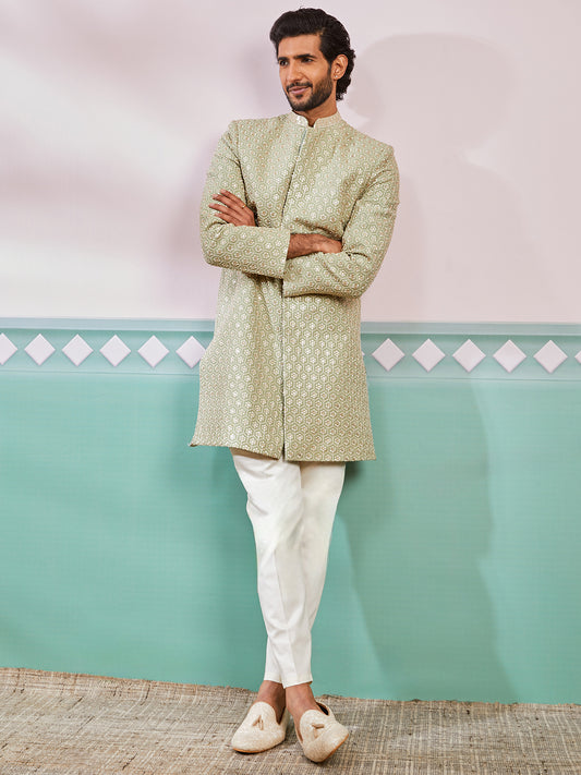 Pista Green Silk Blend Wedding Men's Indo Western Set