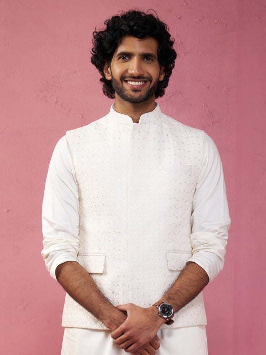Cream Silk Blend Party Wear Men's Jacket