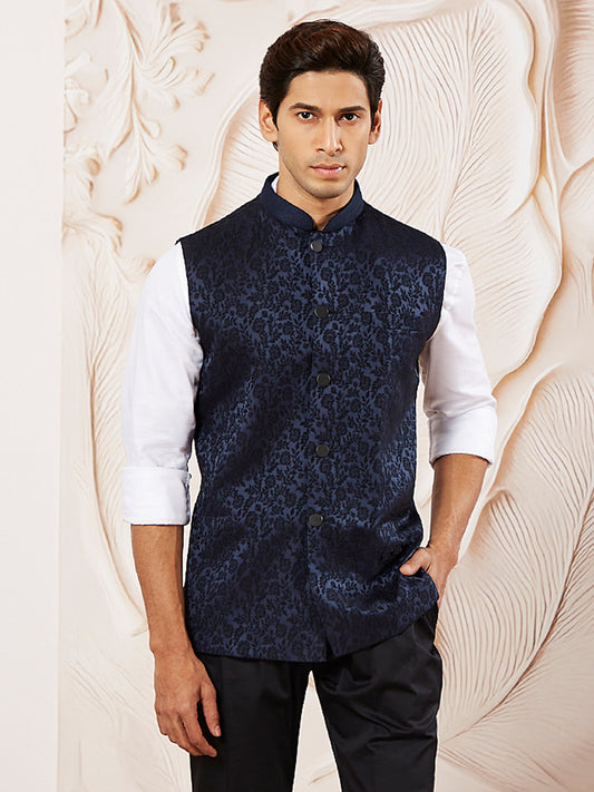 Navy Blue Silk Blend Party Wear Men's Jacket