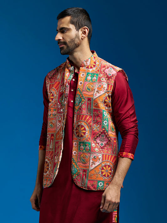 Red Silk Blend Party Wear Men's Jacket