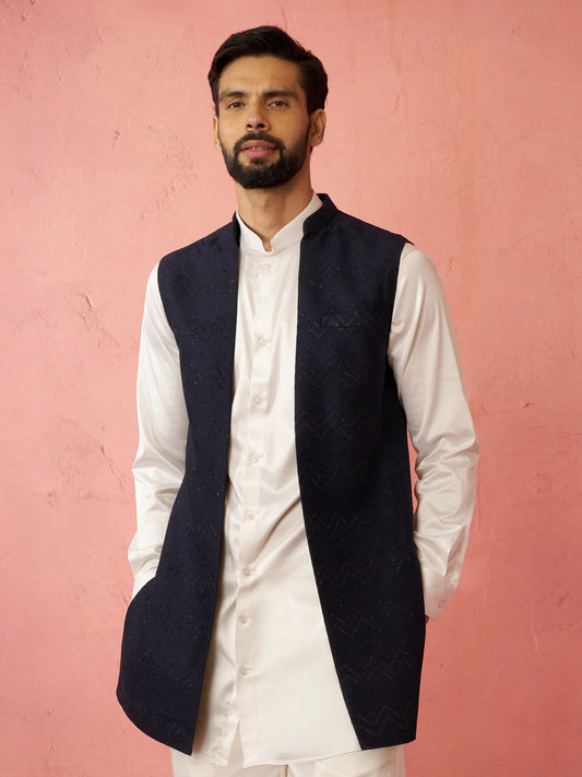 Navy Blue Silk Blend Wedding Wear Men's Jacket