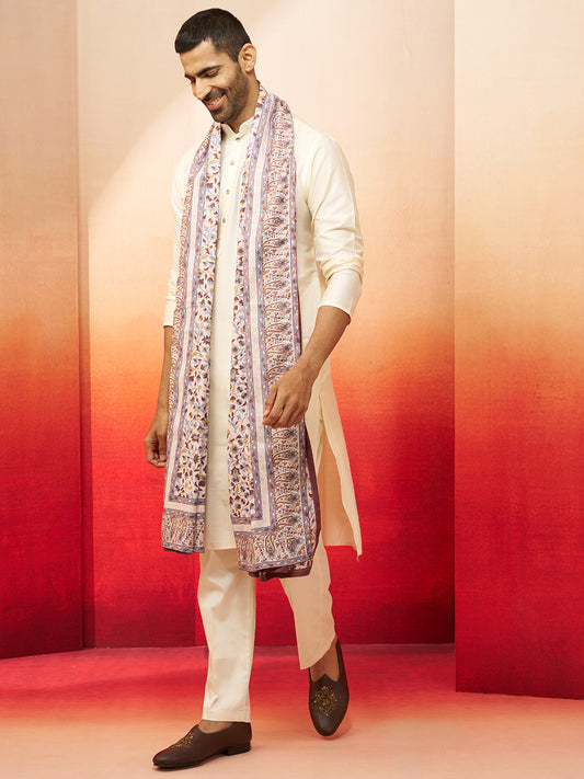 Cream Men's Kurta Set With Pashmina Digital Print Dupatta