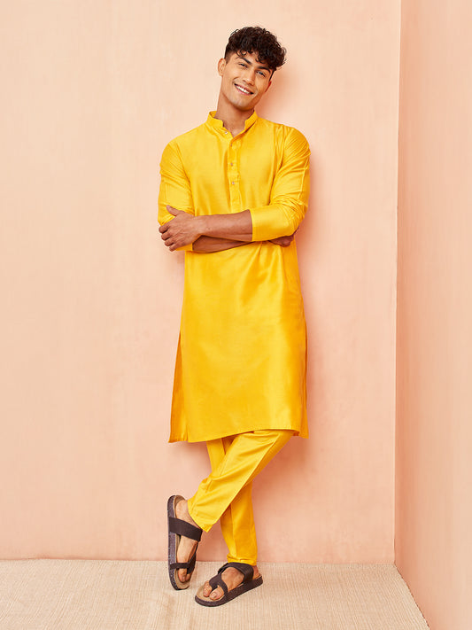 Yellow Silk Wedding Wear Men'S Kurta Set