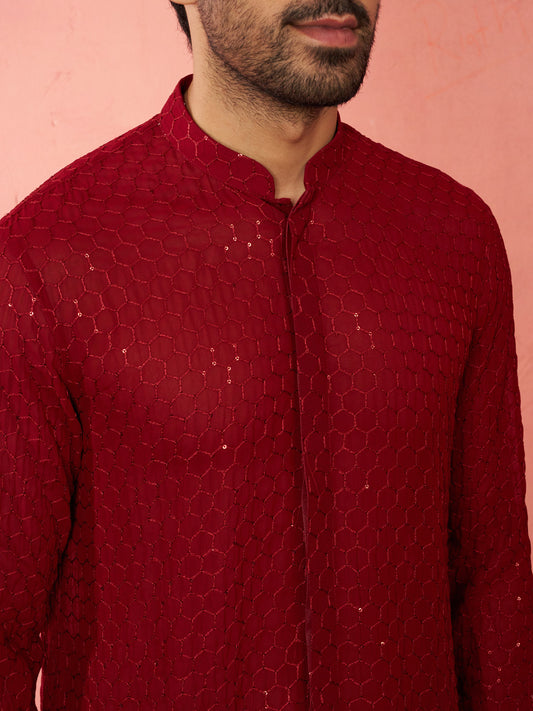 Maroon Georgette Navratri Wear Men'S Kurta Set