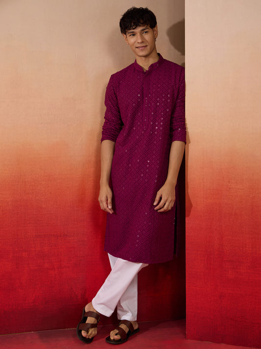 Purple Rayon Wedding Wear Men'S Kurta Set