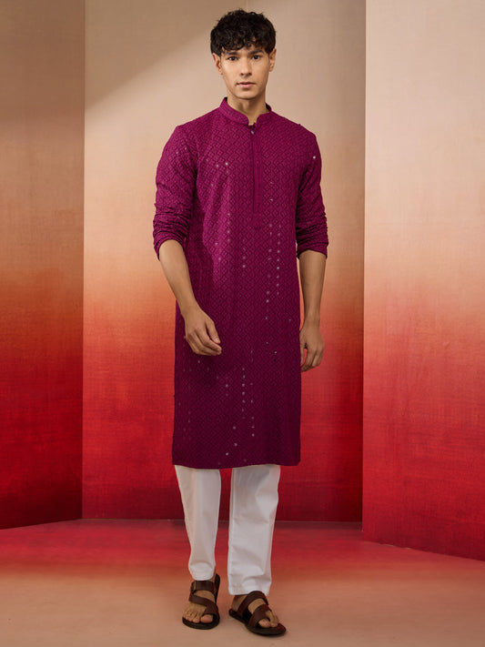 Purple Rayon Wedding Wear Men'S Kurta Set