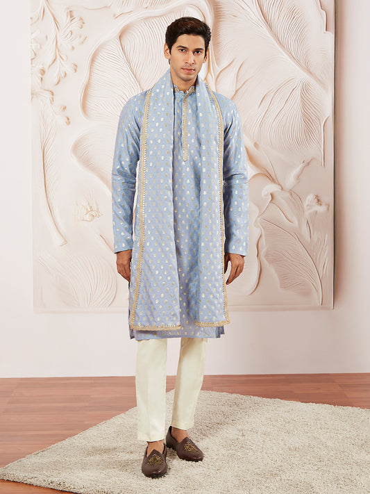 Aqua Silk Blend Wedding Men's Kurta Set with Dupatta