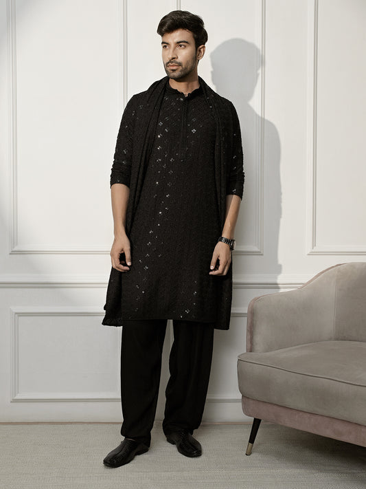 Black Rayon Festival Wear Men'S Kurta Set With Dupatta