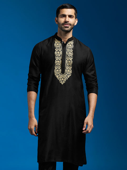 Black Viscose Wedding Wear Men's Kurta