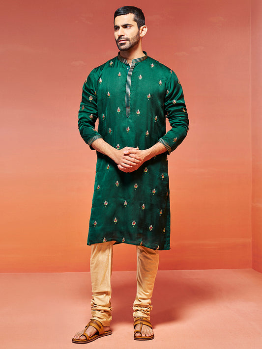 Bottle Green Silk Blend Wedding Men's Kurta