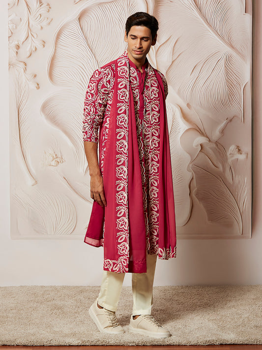 Designer Maroon Faux Geogette Festival Wear Men's Kurta Set