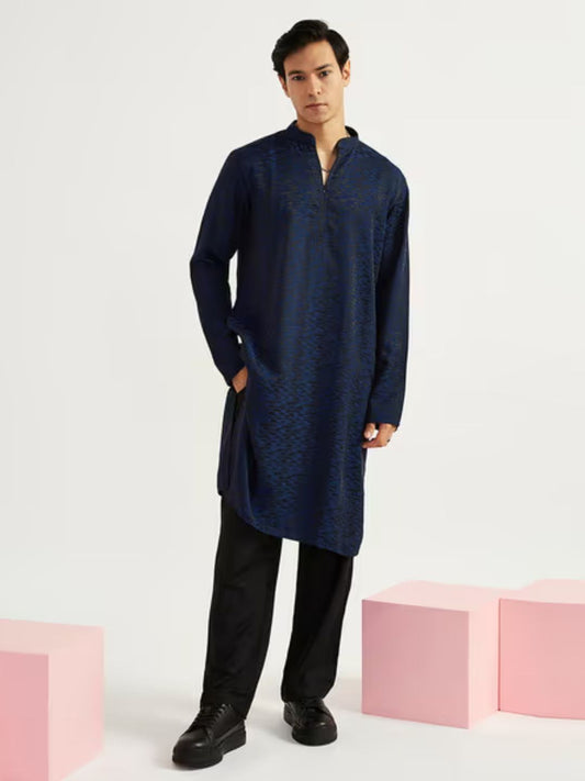 Men's Navy Blue Regular Fit Jacquard Kurta