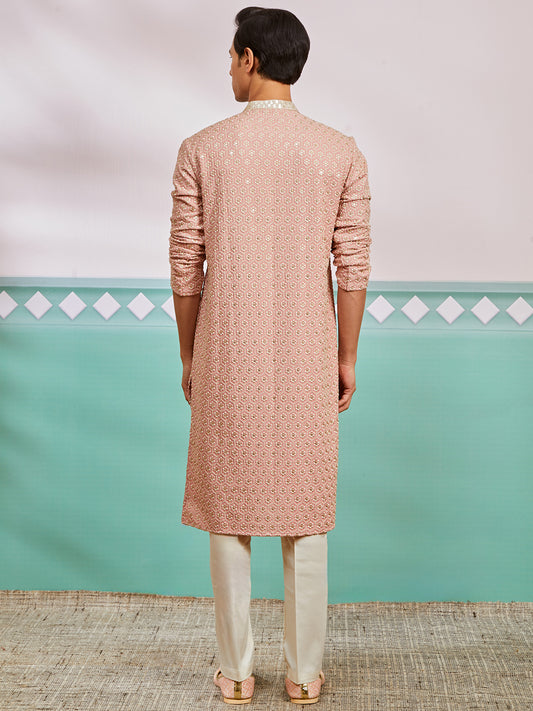 Peach Rayon Wedding Men's Kurta Set