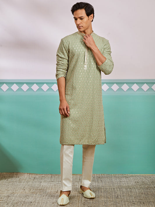 Pista Green Rayon Wedding Wear Men's Kurta Set