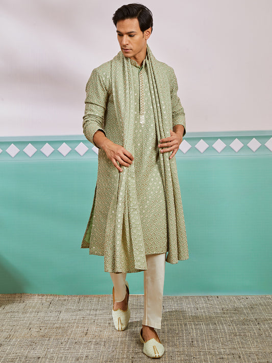 Pista Green Rayon Wedding Men's Kurta Set with Dupatta