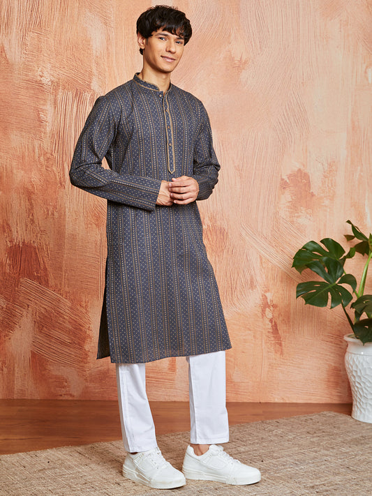 Grey Cotton Casual Men's Kurta Set
