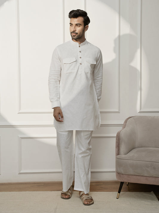 White Cotton Casual Wear Men'S Kurta Set