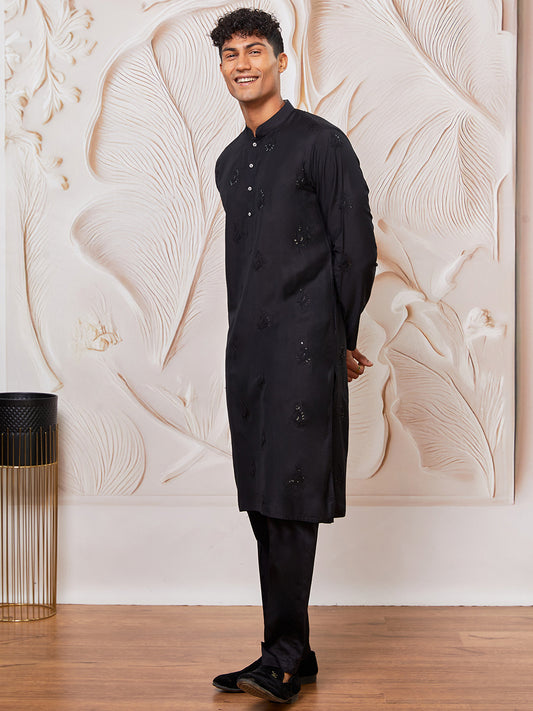 Black Viscose Wedding Men's Kurta Set