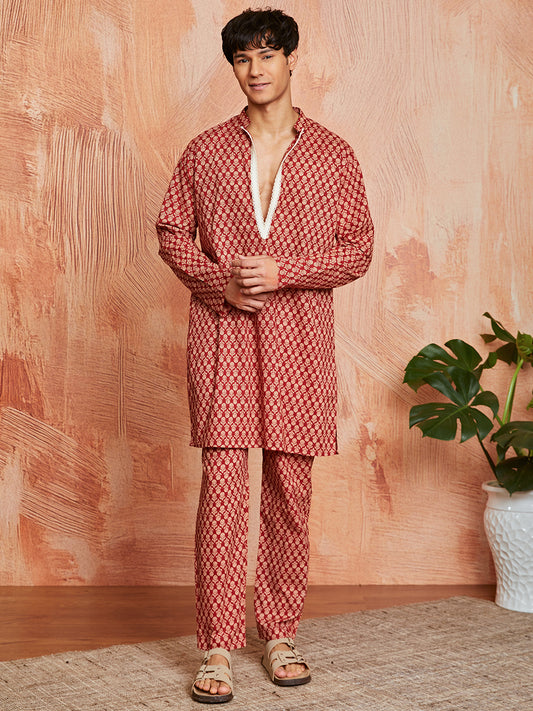 Rust Cotton Casual Men's Kurta Set