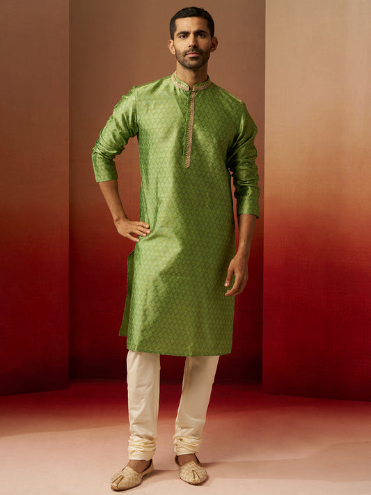 Green Silk Festival Wear Men'S Kurta Set
