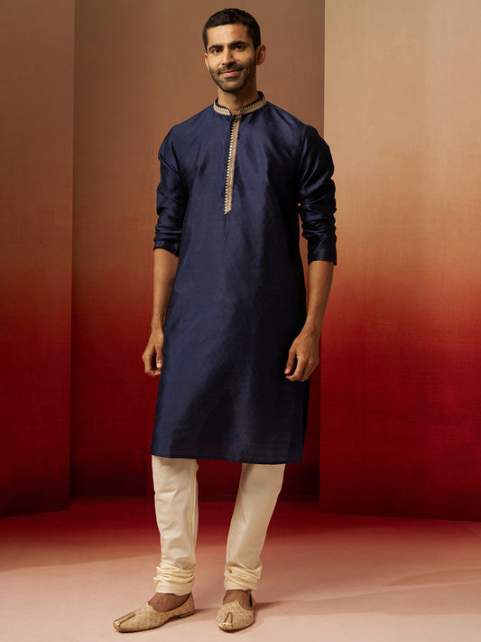 Navy Blue Silk Festival Wear Men'S Kurta Set