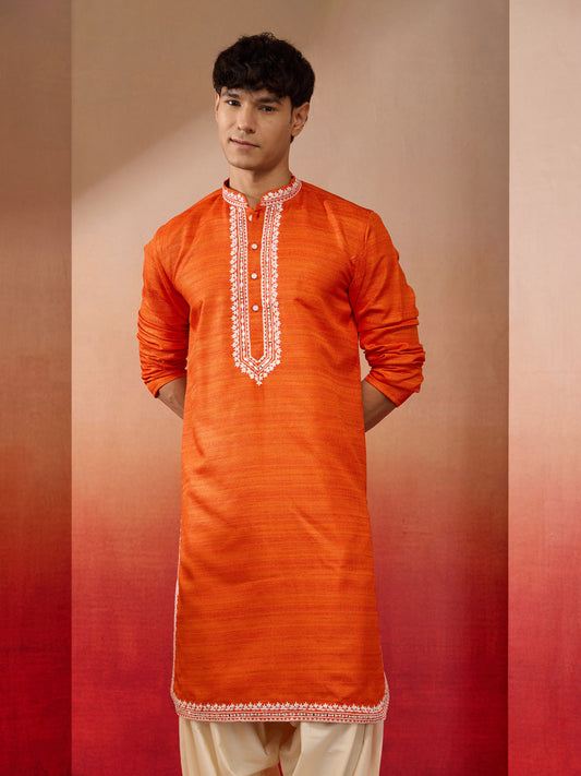 Orange Silk Festival Wear Men'S Kurta