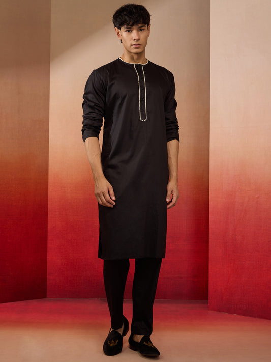 Black Cotton Festival Wear Men'S Kurta Set