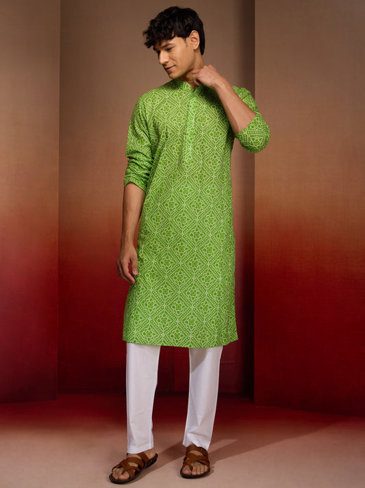 Green Cotton Casual Wear Men'S Kurta Set