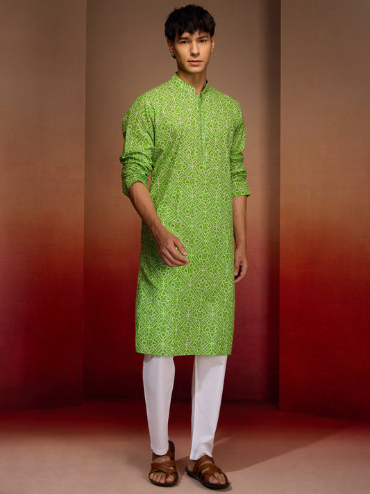 Green Cotton Casual Wear Men'S Kurta Set