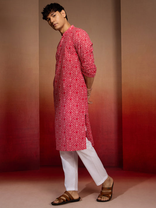 Red Cotton Casual Wear Men'S Kurta Set